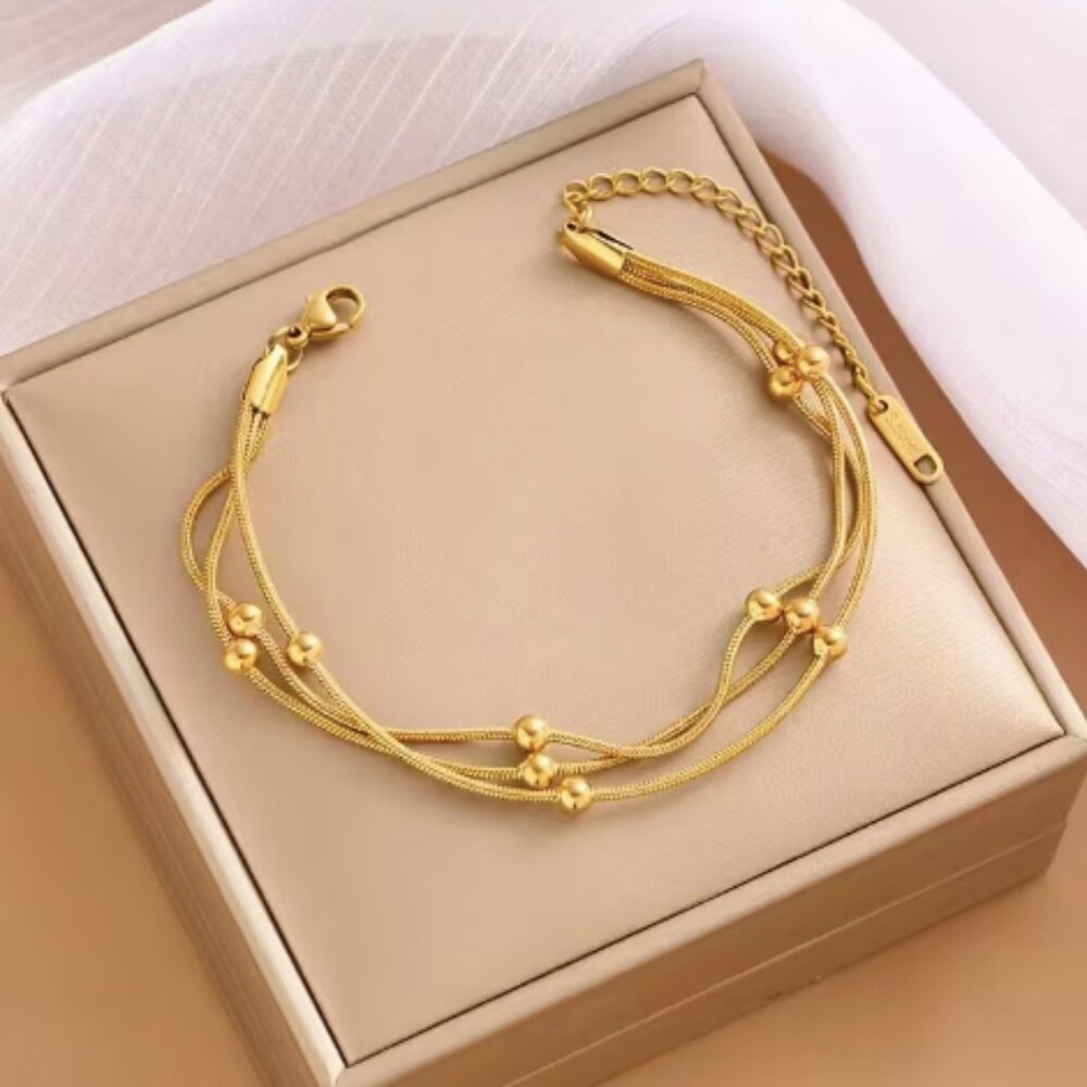 18K Gold-Plated Stainless Steel Triple-Layer Snake Chain Beaded Bracelet